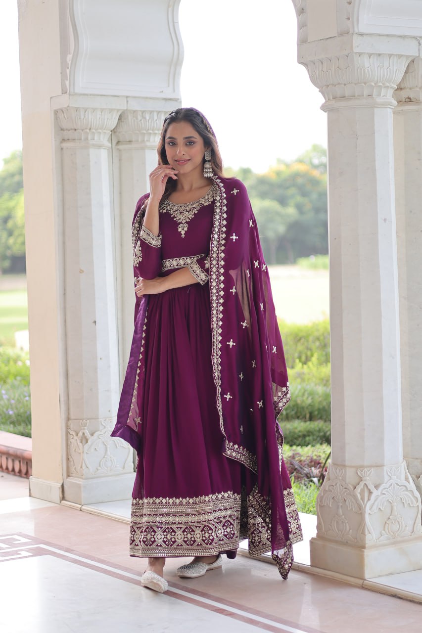 Wine Designer Vichitra Silk Sequins Embroidered Gown with 3-Meter Flair & Matching Dupatta – Fully Stitched Festive & Wedding Wear ClothsVilla