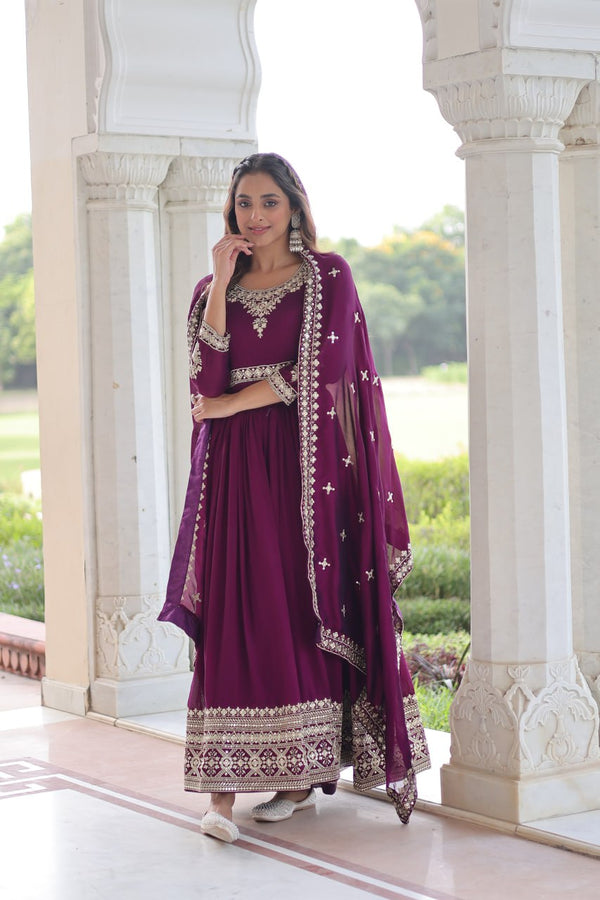 Wine Designer Vichitra Silk Sequins Embroidered Gown with 3-Meter Flair & Matching Dupatta – Fully Stitched Festive & Wedding Wear ClothsVilla
