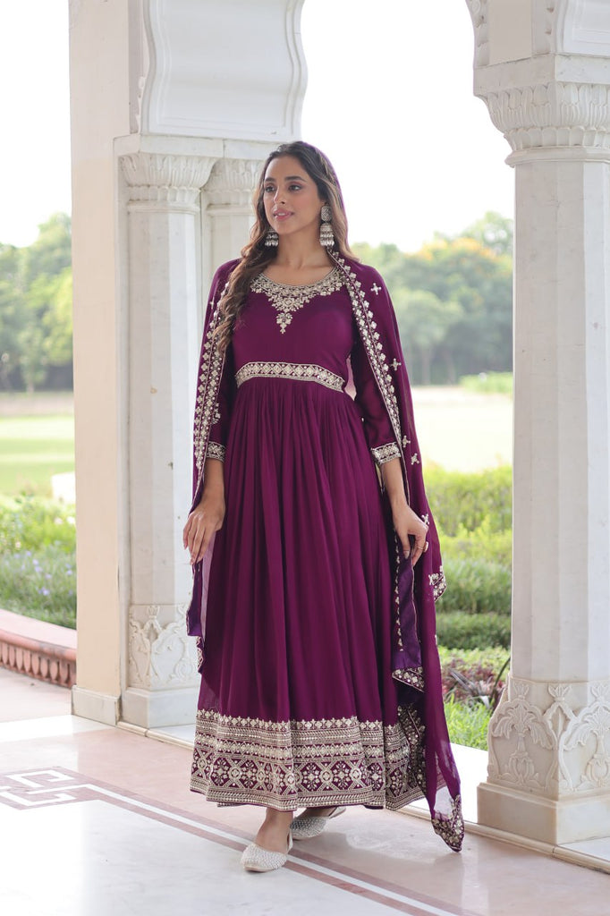 Wine Designer Vichitra Silk Sequins Embroidered Gown with 3-Meter Flair & Matching Dupatta – Fully Stitched Festive & Wedding Wear ClothsVilla