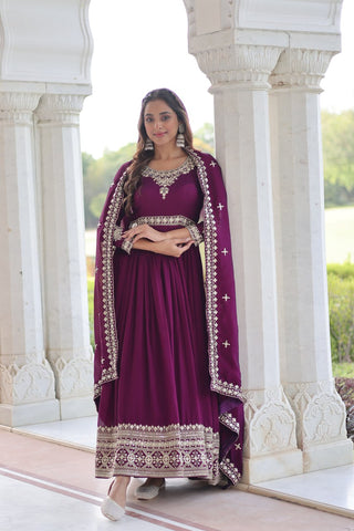 Wine Designer Vichitra Silk Sequins Embroidered Gown with 3-Meter Flair & Matching Dupatta – Fully Stitched Festive & Wedding Wear ClothsVilla