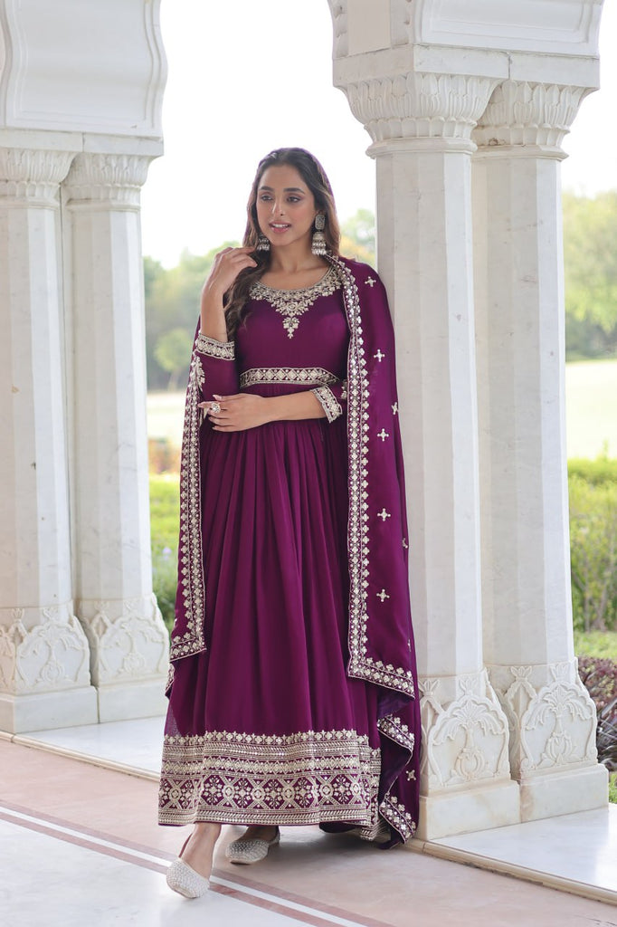 Wine Designer Vichitra Silk Sequins Embroidered Gown with 3-Meter Flair & Matching Dupatta – Fully Stitched Festive & Wedding Wear ClothsVilla