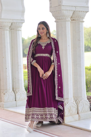 Wine Designer Vichitra Silk Sequins Embroidered Gown with 3-Meter Flair & Matching Dupatta – Fully Stitched Festive & Wedding Wear ClothsVilla