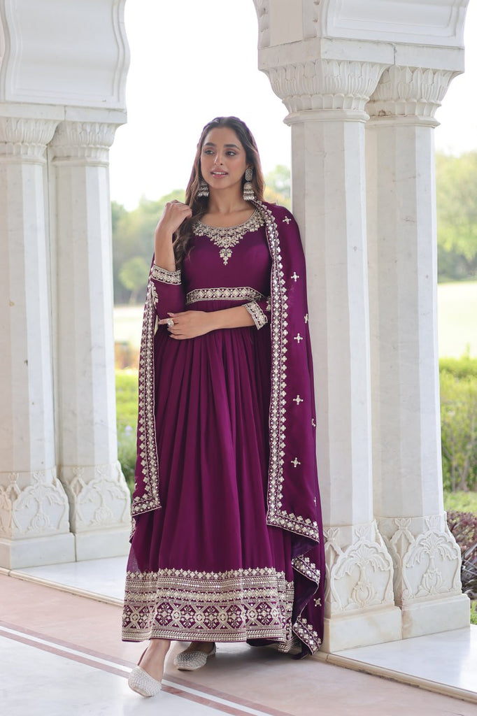 Wine Designer Vichitra Silk Sequins Embroidered Gown with 3-Meter Flair & Matching Dupatta – Fully Stitched Festive & Wedding Wear ClothsVilla
