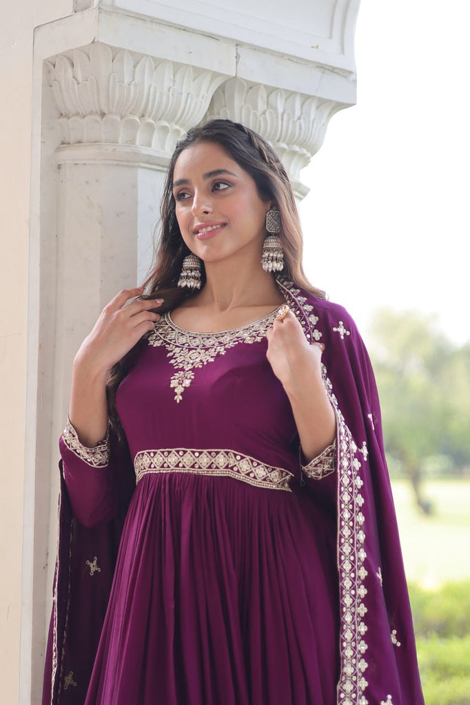 Wine Designer Vichitra Silk Sequins Embroidered Gown with 3-Meter Flair & Matching Dupatta – Fully Stitched Festive & Wedding Wear ClothsVilla