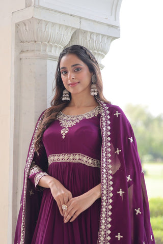 Wine Designer Vichitra Silk Sequins Embroidered Gown with 3-Meter Flair & Matching Dupatta – Fully Stitched Festive & Wedding Wear ClothsVilla