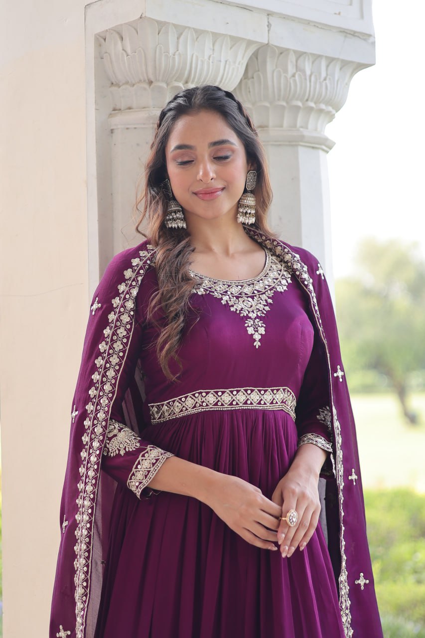Wine Designer Vichitra Silk Sequins Embroidered Gown with 3-Meter Flair & Matching Dupatta – Fully Stitched Festive & Wedding Wear ClothsVilla