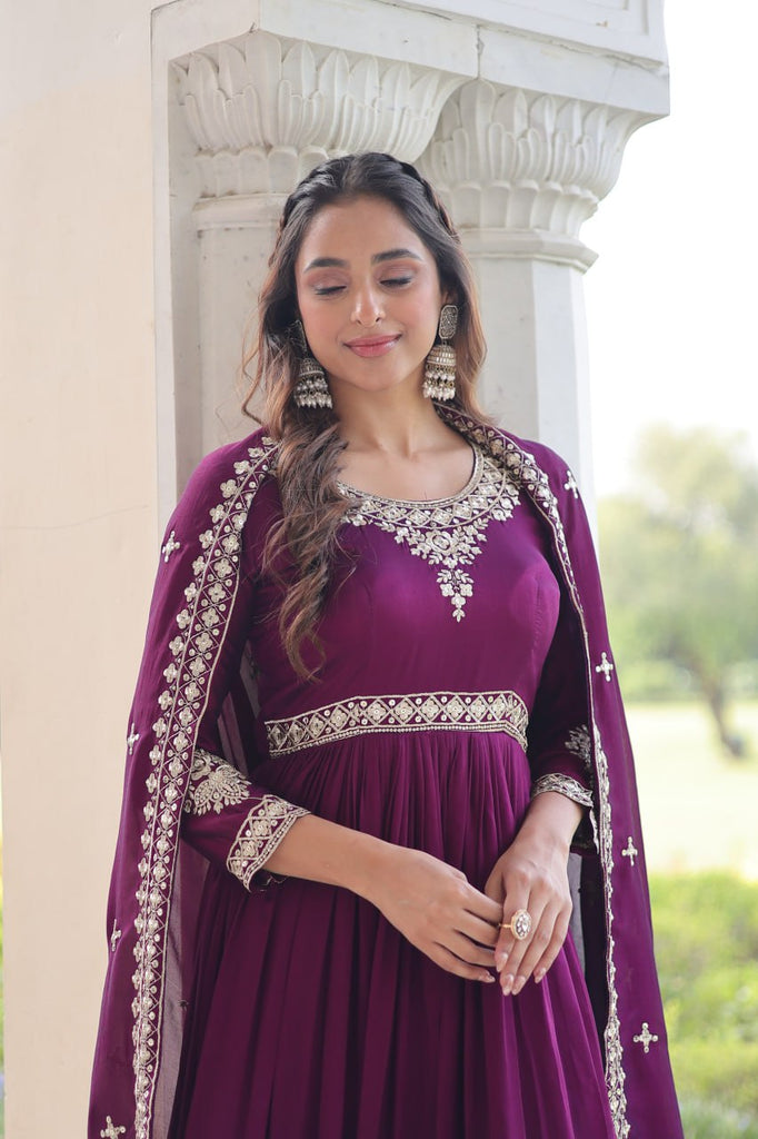Wine Designer Vichitra Silk Sequins Embroidered Gown with 3-Meter Flair & Matching Dupatta – Fully Stitched Festive & Wedding Wear ClothsVilla