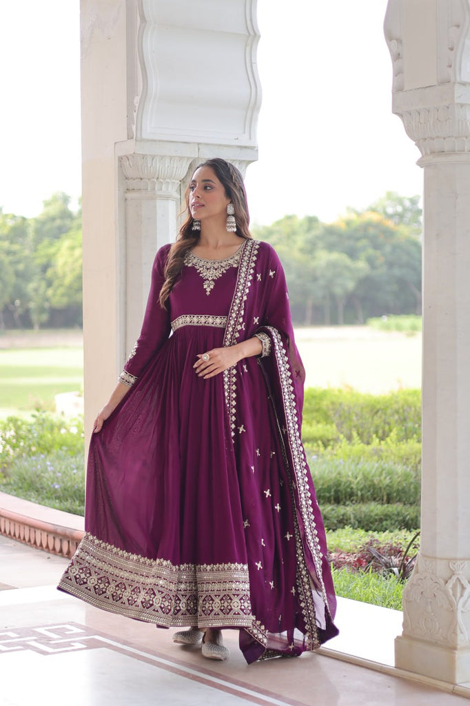 Wine Designer Vichitra Silk Sequins Embroidered Gown with 3-Meter Flair & Matching Dupatta – Fully Stitched Festive & Wedding Wear ClothsVilla