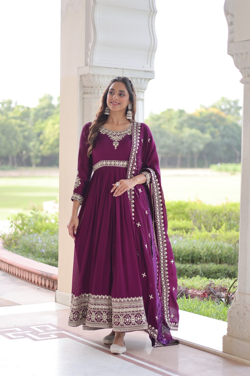 Wine Designer Vichitra Silk Sequins Embroidered Gown with 3-Meter Flair & Matching Dupatta – Fully Stitched Festive & Wedding Wear ClothsVilla