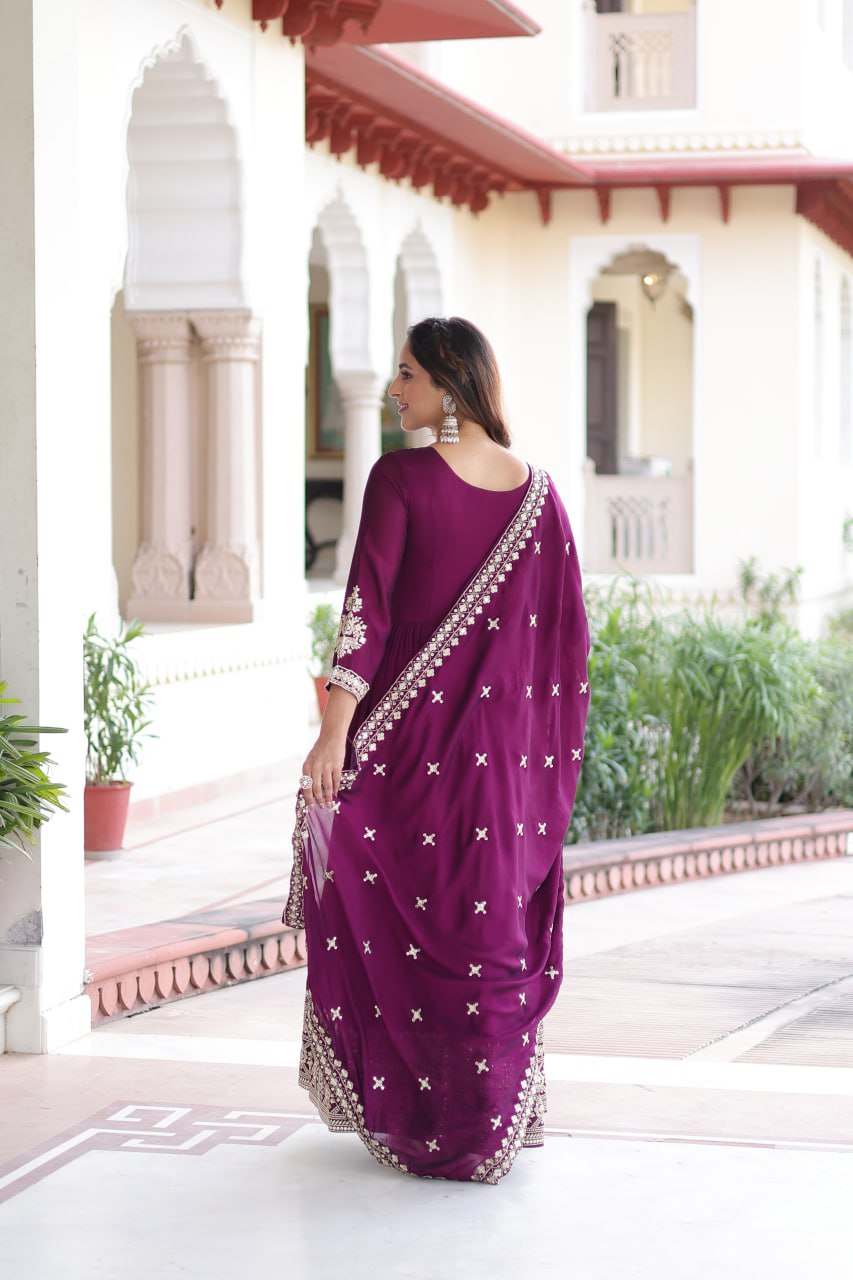 Wine Designer Vichitra Silk Sequins Embroidered Gown with 3-Meter Flair & Matching Dupatta – Fully Stitched Festive & Wedding Wear ClothsVilla