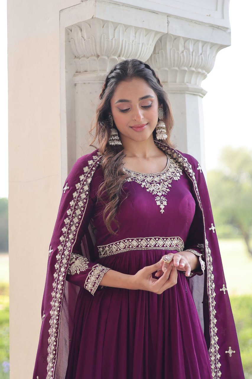 Wine Designer Vichitra Silk Sequins Embroidered Gown with 3-Meter Flair & Matching Dupatta – Fully Stitched Festive & Wedding Wear ClothsVilla