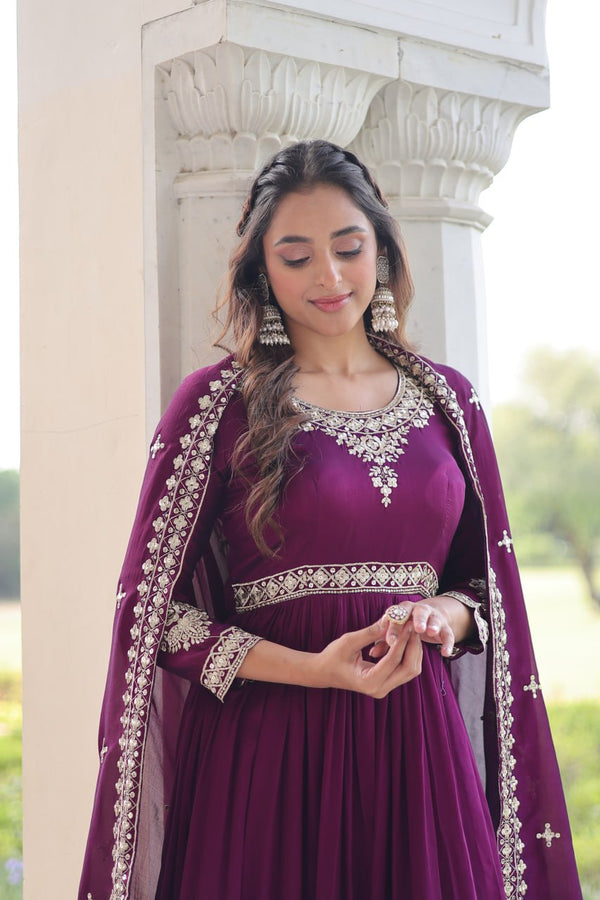 Wine Designer Vichitra Silk Sequins Embroidered Gown with 3-Meter Flair & Matching Dupatta – Fully Stitched Festive & Wedding Wear ClothsVilla