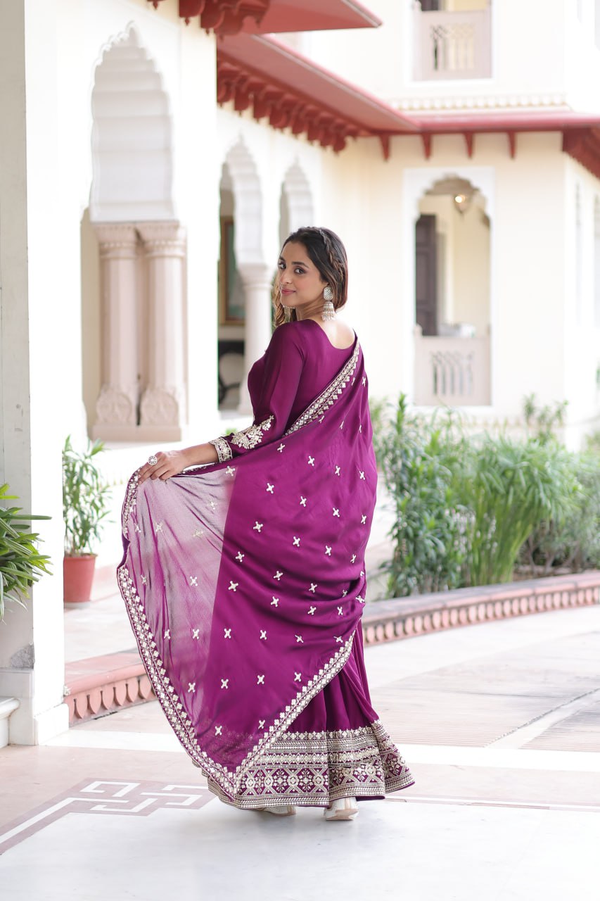 Wine Designer Vichitra Silk Sequins Embroidered Gown with 3-Meter Flair & Matching Dupatta – Fully Stitched Festive & Wedding Wear ClothsVilla