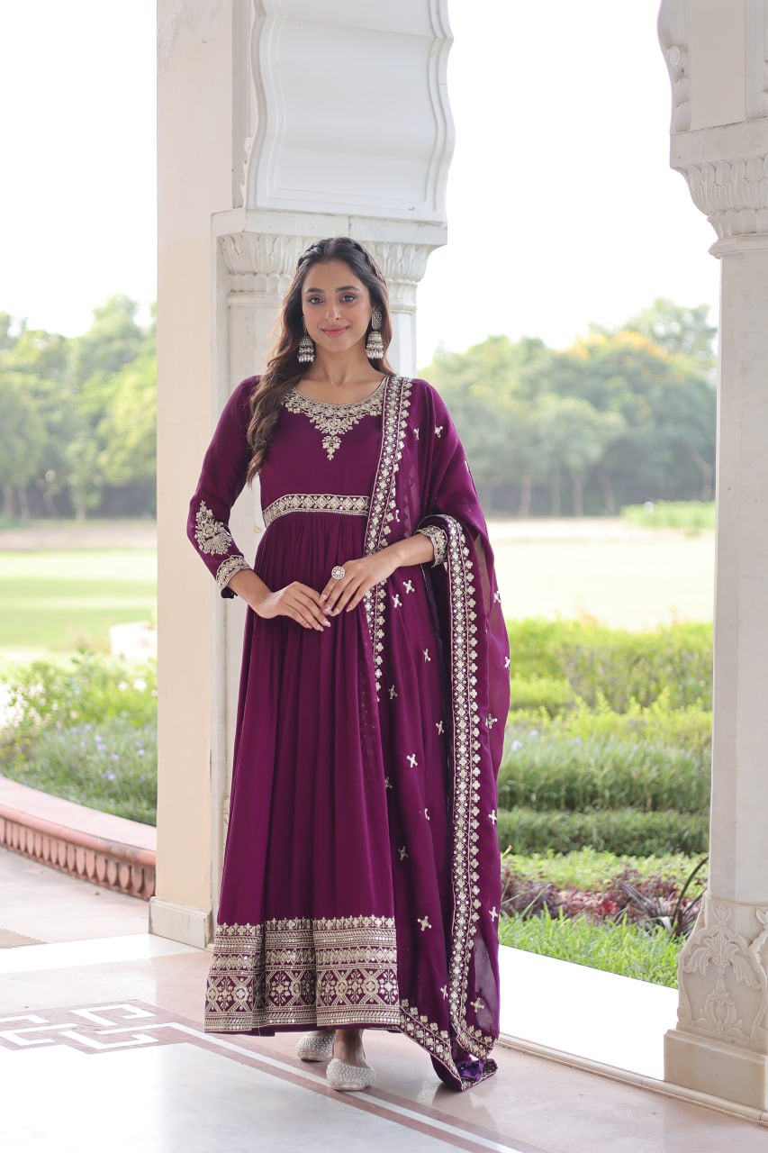 Wine Designer Vichitra Silk Sequins Embroidered Gown with 3-Meter Flair & Matching Dupatta – Fully Stitched Festive & Wedding Wear ClothsVilla