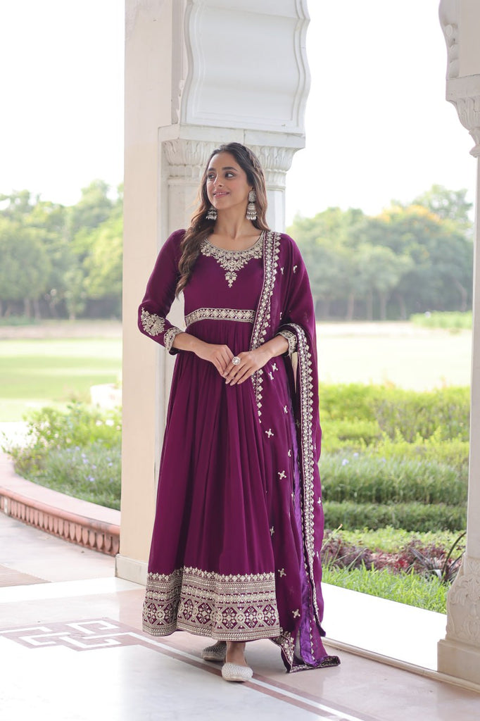 Wine Designer Vichitra Silk Sequins Embroidered Gown with 3-Meter Flair & Matching Dupatta – Fully Stitched Festive & Wedding Wear ClothsVilla