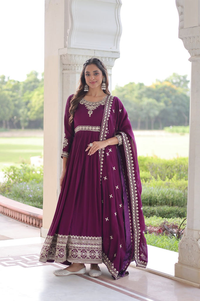 Wine Designer Vichitra Silk Sequins Embroidered Gown with 3-Meter Flair & Matching Dupatta – Fully Stitched Festive & Wedding Wear ClothsVilla