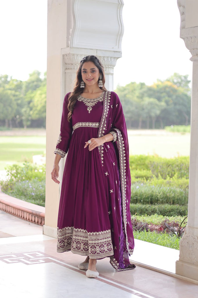 Wine Designer Vichitra Silk Sequins Embroidered Gown with 3-Meter Flair & Matching Dupatta – Fully Stitched Festive & Wedding Wear ClothsVilla