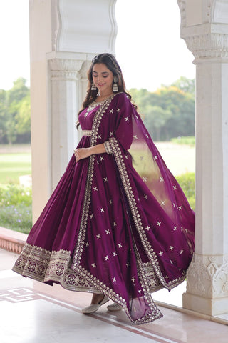 Wine Designer Vichitra Silk Sequins Embroidered Gown with 3-Meter Flair & Matching Dupatta – Fully Stitched Festive & Wedding Wear ClothsVilla