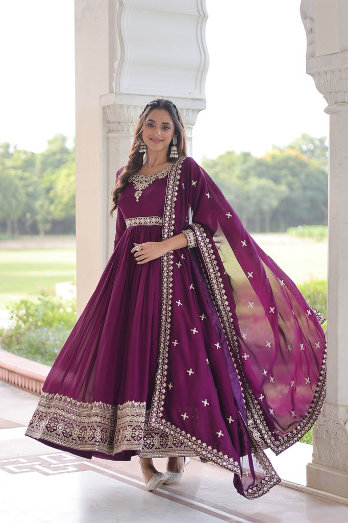 Wine Designer Vichitra Silk Sequins Embroidered Gown with 3-Meter Flair & Matching Dupatta – Fully Stitched Festive & Wedding Wear ClothsVilla