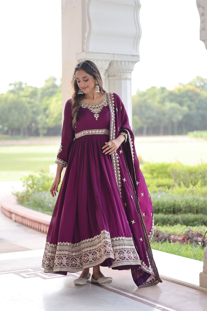 Wine Designer Vichitra Silk Sequins Embroidered Gown with 3-Meter Flair & Matching Dupatta – Fully Stitched Festive & Wedding Wear ClothsVilla