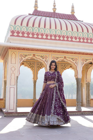 Wine Designer Viscose Jacquard Lehenga Choli & Dupatta Set with Sequins ClothsVilla