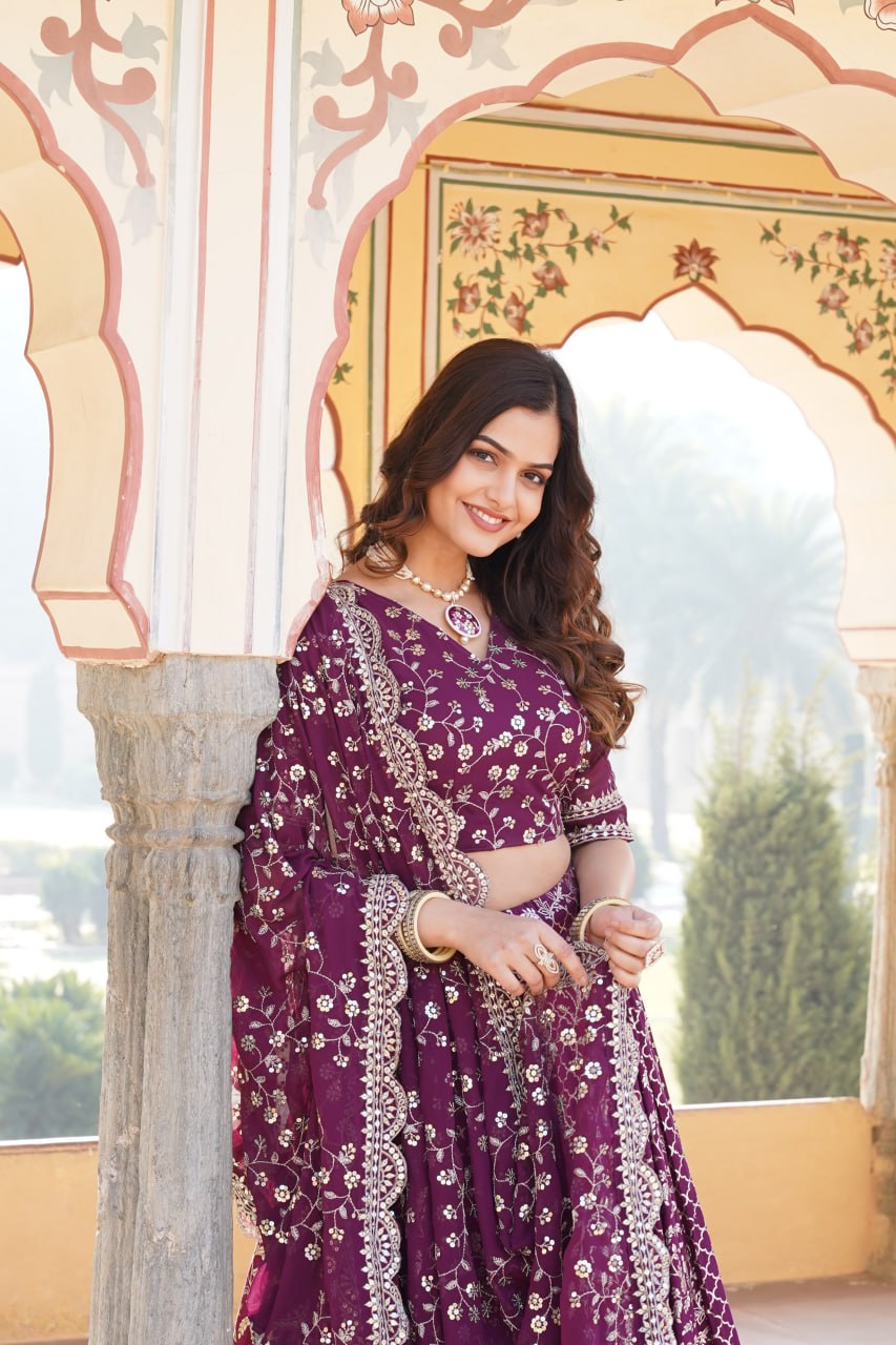 Wine Designer Viscose Jacquard Lehenga Choli & Dupatta Set with Sequins ClothsVilla