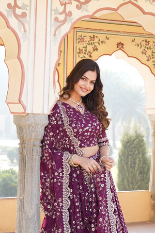 Wine Designer Viscose Jacquard Lehenga Choli & Dupatta Set with Sequins ClothsVilla