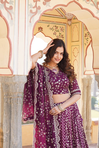 Wine Designer Viscose Jacquard Lehenga Choli & Dupatta Set with Sequins ClothsVilla