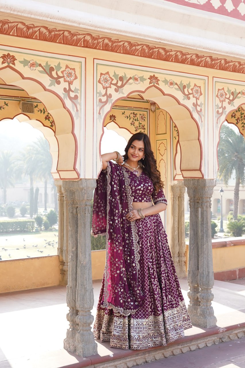 Wine Designer Viscose Jacquard Lehenga Choli & Dupatta Set with Sequins ClothsVilla