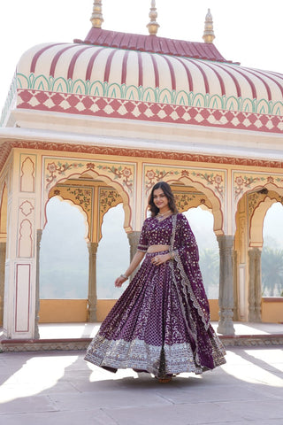 Wine Designer Viscose Jacquard Lehenga Choli & Dupatta Set with Sequins ClothsVilla