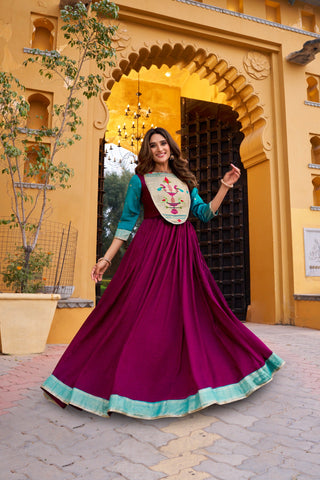 Wine Designer Zari Work Full Gown ClothsVilla