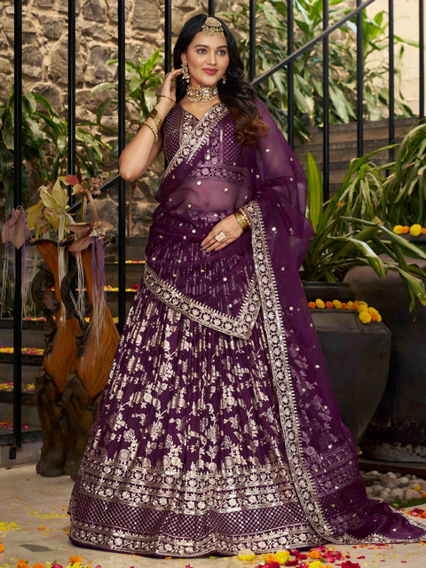 Wine Dola Silk Jacquard Embroidered Lehenga Choli Clothsvilla Main image