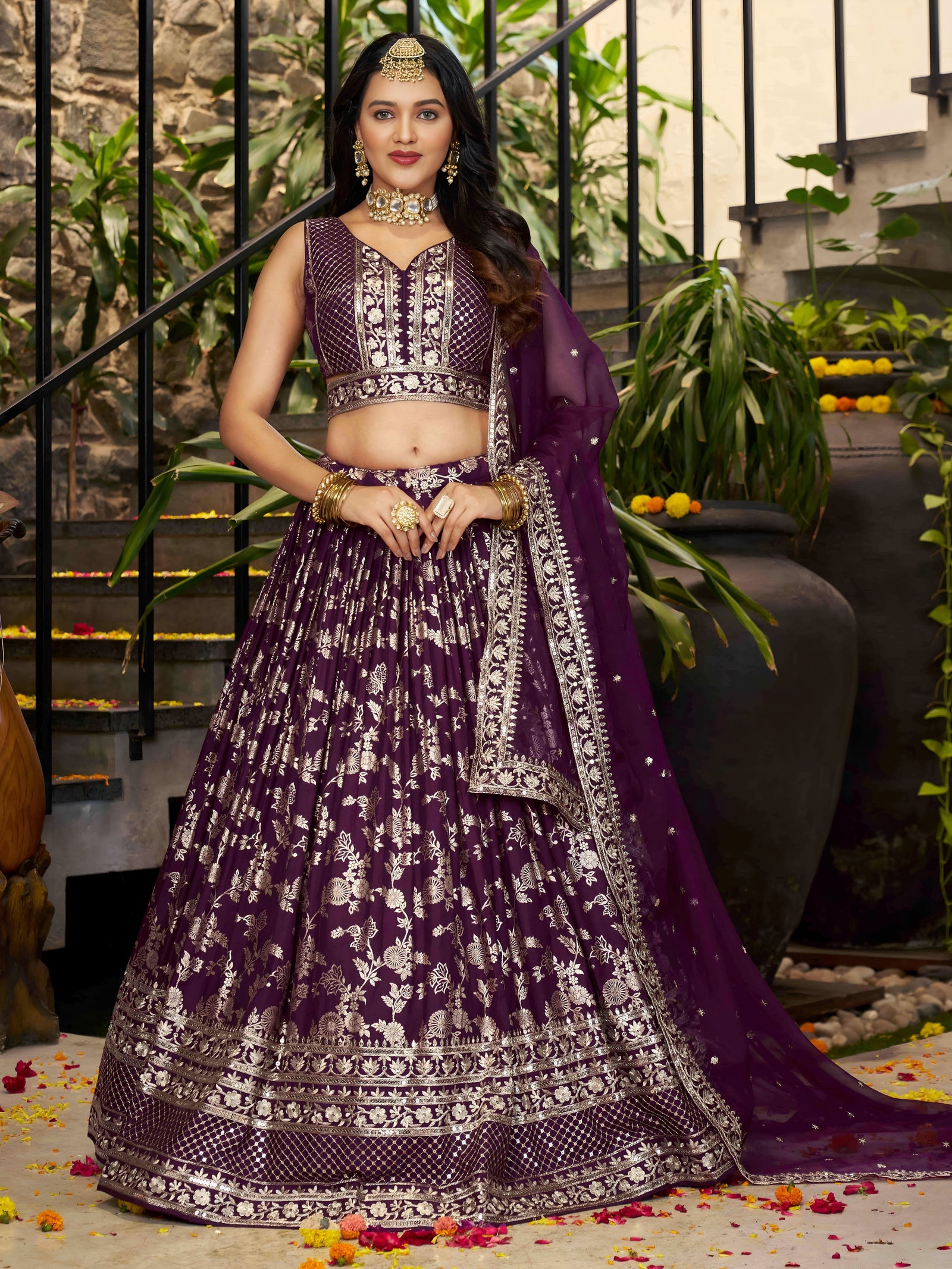 Wine Dola Silk Jacquard Embroidered Lehenga Choli Clothsvilla