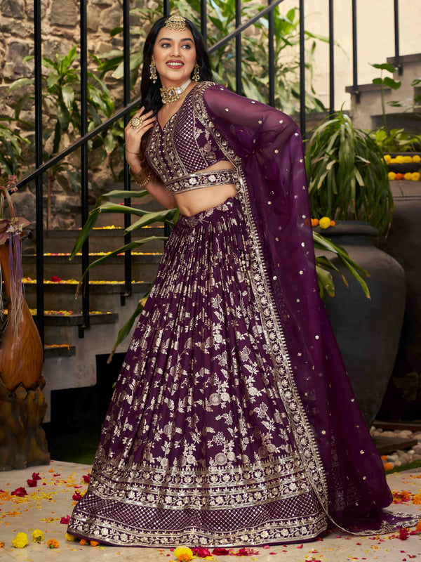 Wine Dola Silk Jacquard Embroidered Lehenga Choli Clothsvilla
