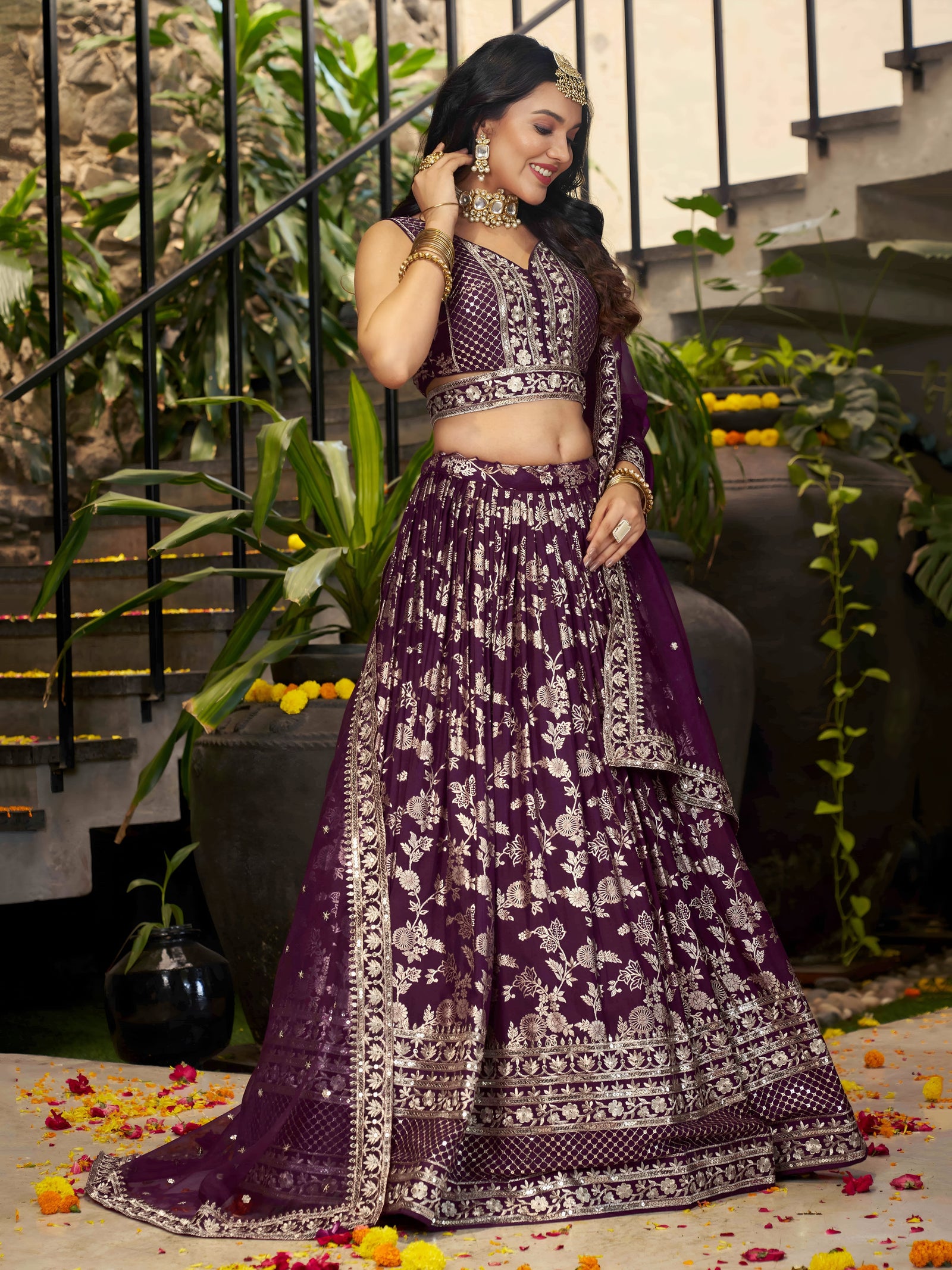 Wine Dola Silk Jacquard Embroidered Lehenga Choli Clothsvilla