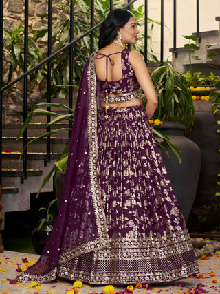 Wine Dola Silk Jacquard Embroidered Lehenga Choli Clothsvilla