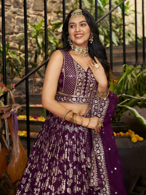 Wine Dola Silk Jacquard Embroidered Lehenga Choli Clothsvilla