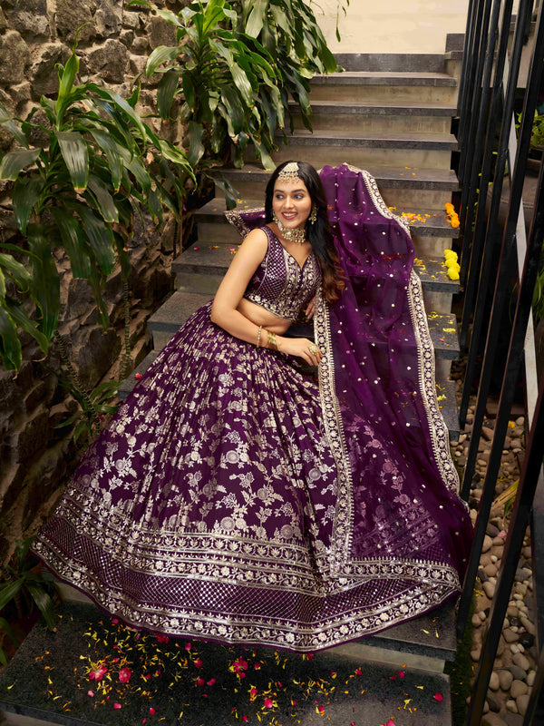 Wine Dola Silk Jacquard Embroidered Lehenga Choli Clothsvilla