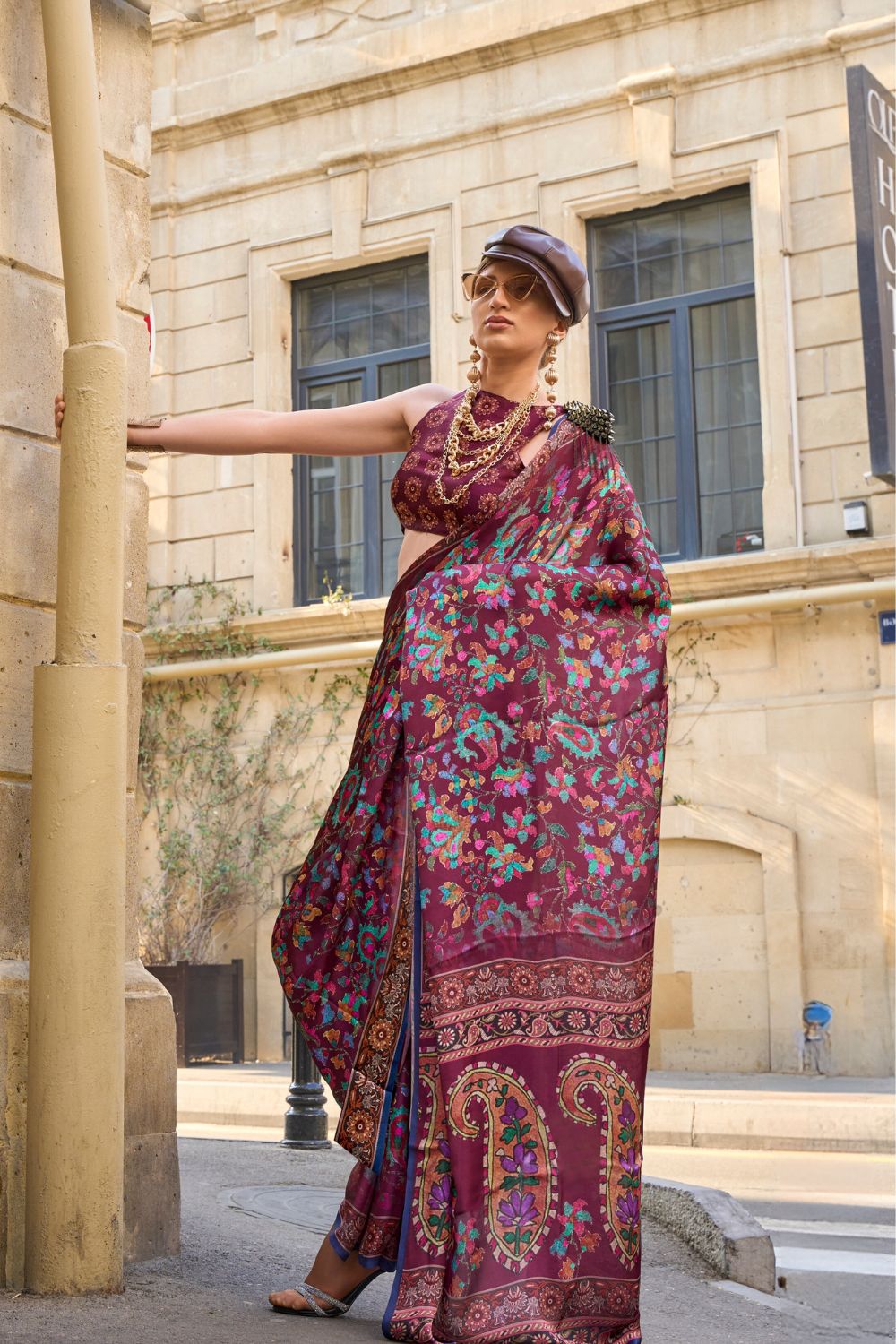 Wine Elegant Bollywood Satin Printed Saree – Party & Festive Wear ClothsVilla Main image