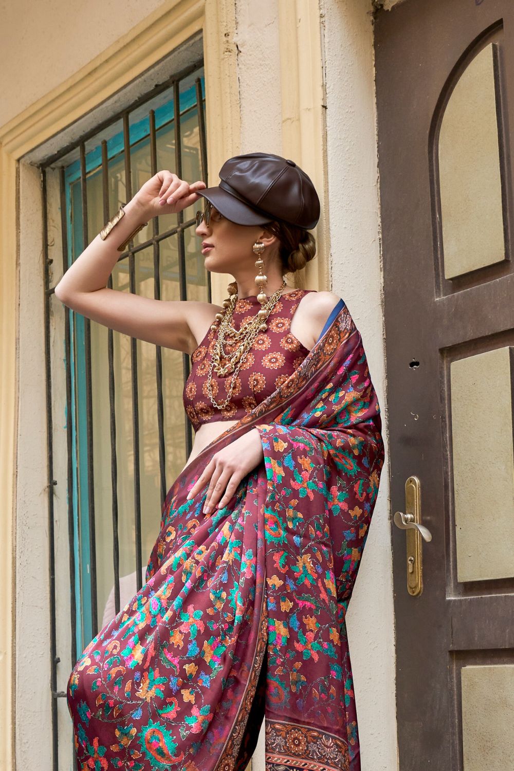 Wine Elegant Bollywood Satin Printed Saree – Party & Festive Wear ClothsVilla