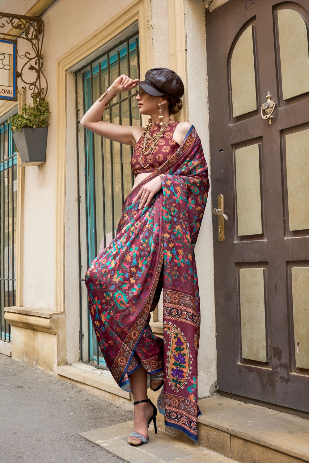 Wine Elegant Bollywood Satin Printed Saree – Party & Festive Wear ClothsVilla