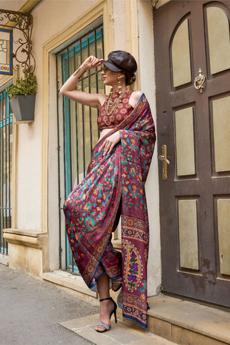 Wine Elegant Bollywood Satin Printed Saree – Party & Festive Wear ClothsVilla