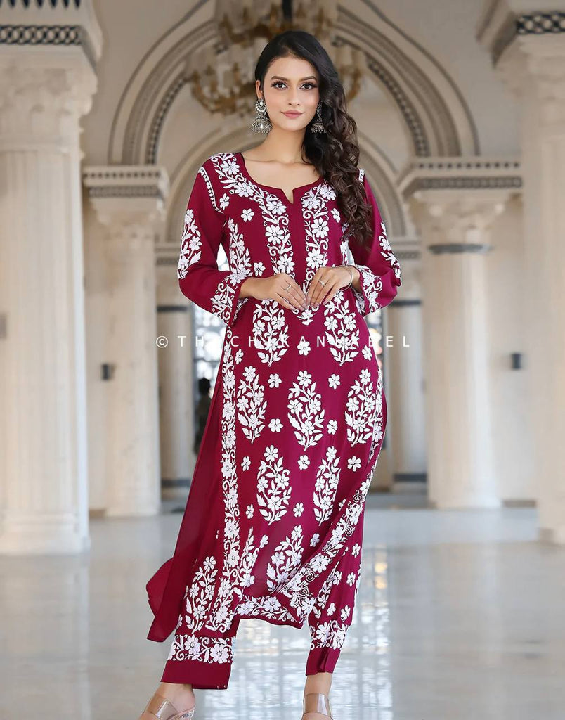 Wine Elegant Chikankari Designer Kurta & Bottom Set – Perfect Ethnic Look ClothsVilla