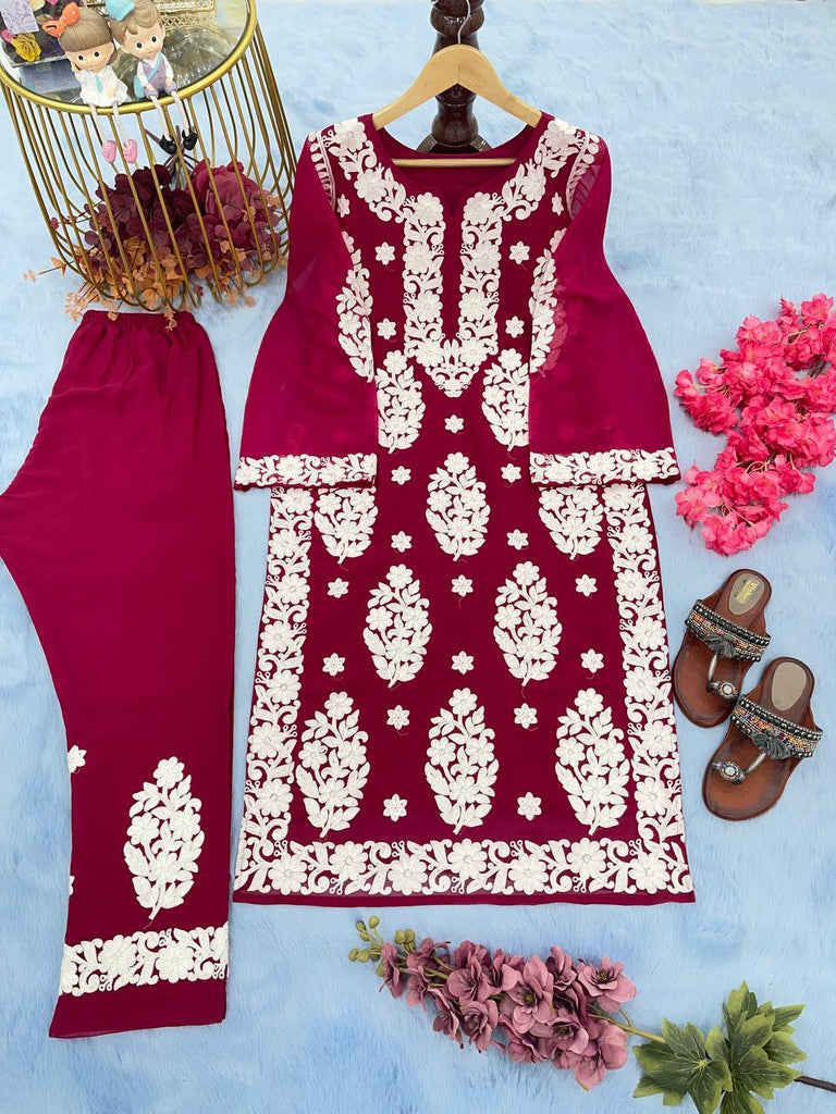 Wine Elegant Chikankari Designer Kurta & Bottom Set – Perfect Ethnic Look ClothsVilla