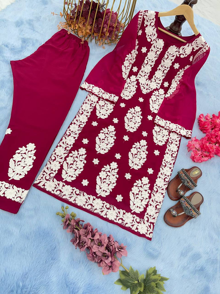 Wine Elegant Chikankari Designer Kurta & Bottom Set – Perfect Ethnic Look ClothsVilla