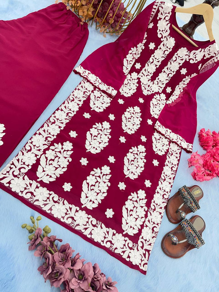 Wine Elegant Chikankari Designer Kurta & Bottom Set – Perfect Ethnic Look ClothsVilla