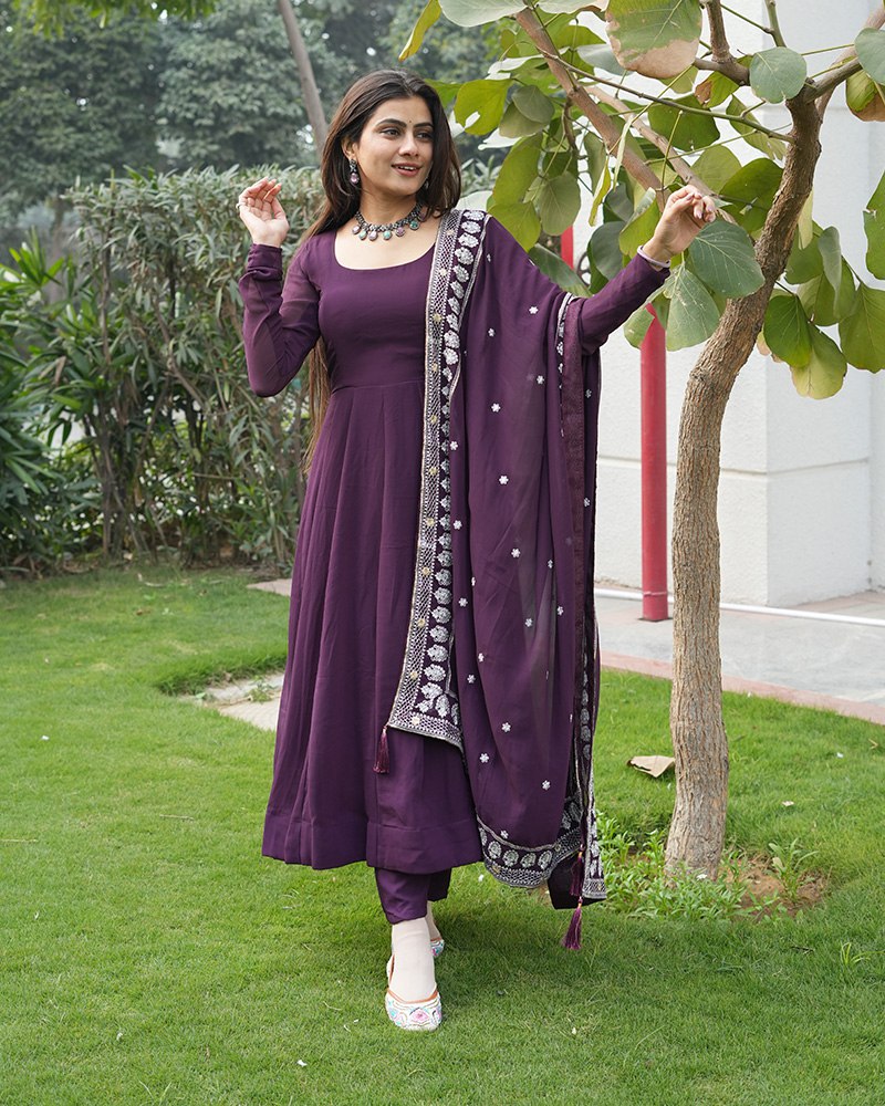 Wine Elegant Embroidered Anarkali Suit Clothsvilla