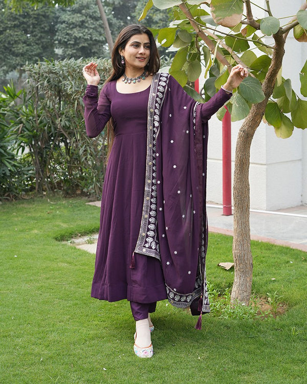 Wine Elegant Embroidered Anarkali Suit Clothsvilla