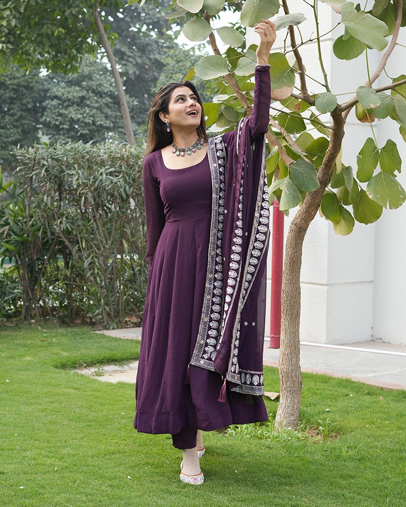 Wine Elegant Embroidered Anarkali Suit Clothsvilla