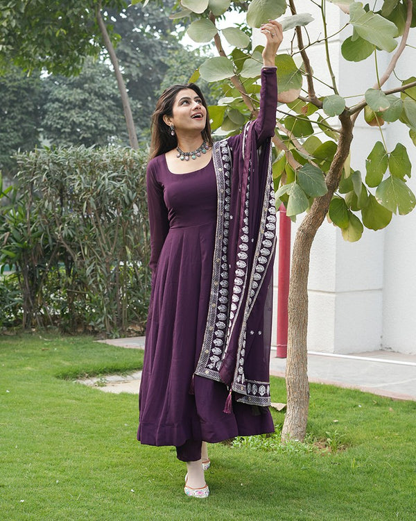 Wine Elegant Embroidered Anarkali Suit Clothsvilla